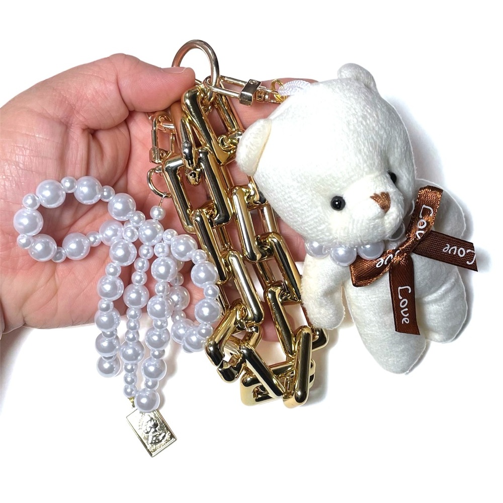 White Teddy Bear Keychain with Gold Chain